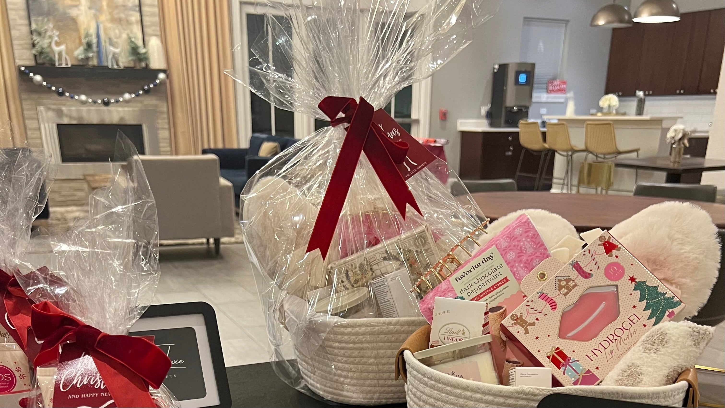 Gift basket with decorative ribbons in a living room setting